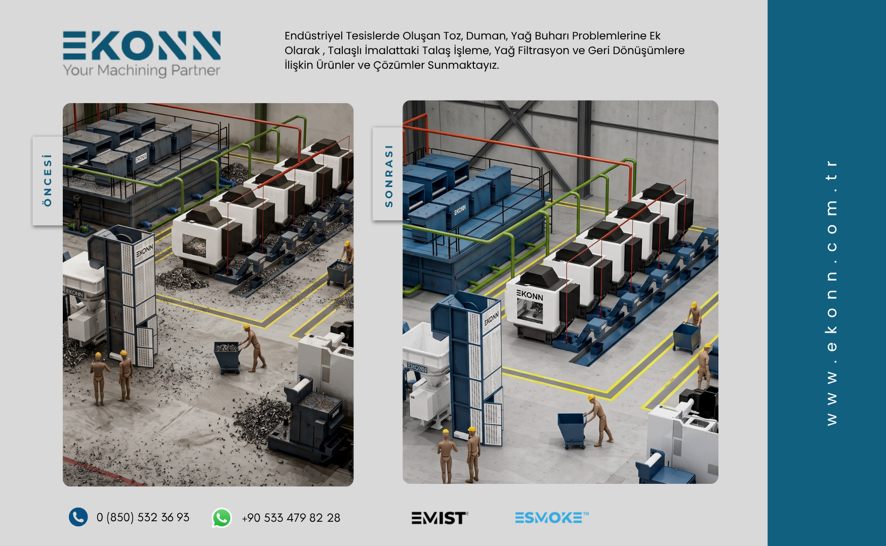 Sanayi Tipi Üretim Alanı: Kaynak → Yakalama → Taşıma → Filtrasyon → Ayırma → İşleme → Geri Kazanım → Geri Dönüşüm Öncesi Sonrası Görünümü